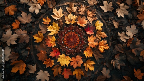 A mandala of autumn leaves, with a variety of shapes and colors meticulously arranged on a forest floor photo