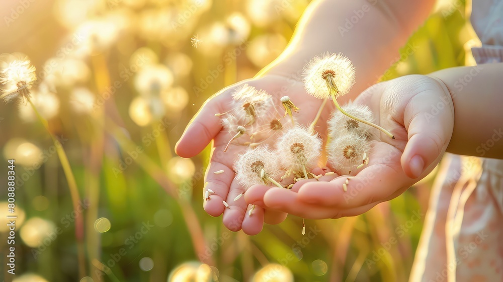 Dandelions in the hands of a child. Selective focus. Dandelions in the hands of a child. Selective focus.