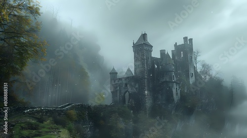Ancient Castle in Fog: Real Photograph Amid Mysterious Forest and Secret Passages photo