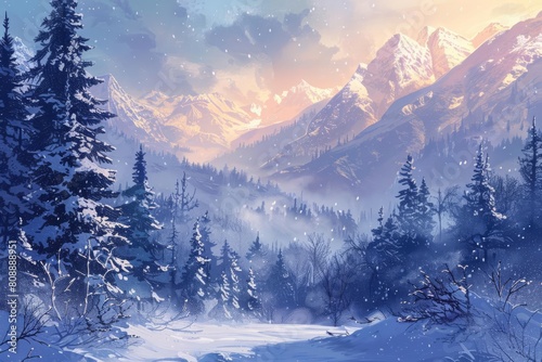 serene winter landscape wallpaper showcasing a tranquil snowcovered forest and frosty mountains digital illustration