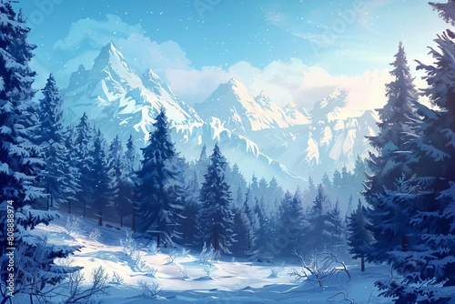 serene winter landscape wallpaper showcasing a tranquil snowcovered forest and frosty mountains digital illustration