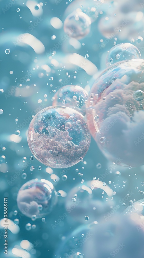 A dreamlike scene microscopic bubbles of soap solution filled with tiny specks of pollution, floating in a surreal blue haze A dreamlike scene microscopic bubbles of soap solution filled with tiny specks of pollution, floating in a surreal blue haze