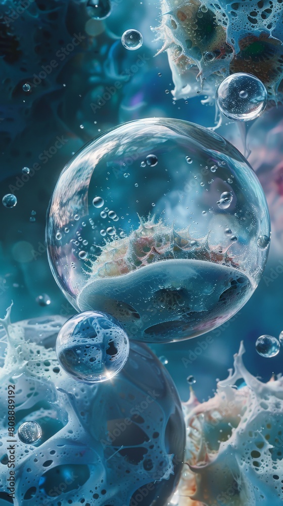 A dreamlike scene microscopic bubbles of soap solution filled with tiny specks of pollution, floating in a surreal blue haze A dreamlike scene microscopic bubbles of soap solution filled with tiny specks of pollution, floating in a surreal blue haze