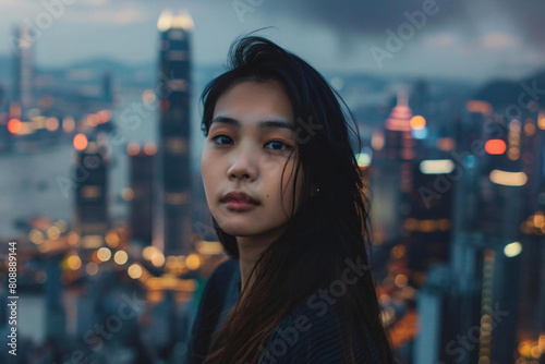Portrait of a Young Asian Woman Embracing the Modern Cityscape