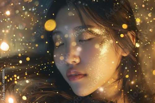 Young Asian Woman in Festive Gold Glitter and Sparkle Background.