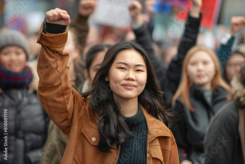 Young Asian Woman Showing Solidarity as Part of Diverse Group Raising Fists for Justice © Vera