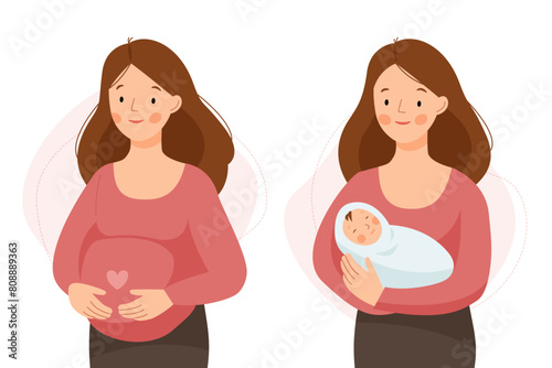 Two scenes with a happy pregnant woman and a mother with a baby in her arms. Healthy happy pregnancy and motherhood.