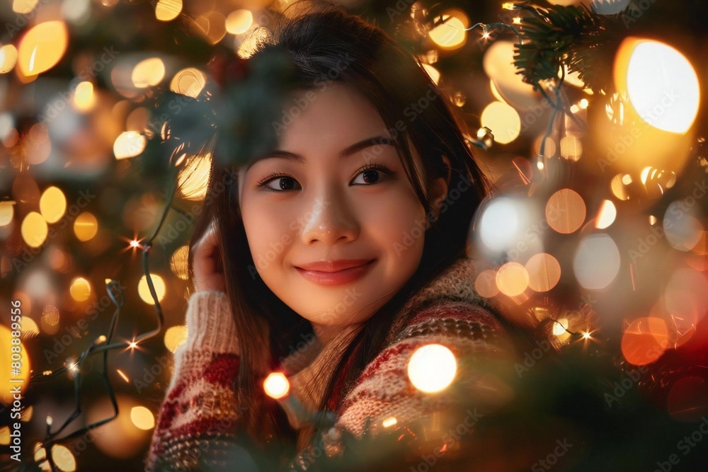 Young Asian Woman Spreading Holiday Cheer with Festive Christmas Tree Decorations and Bokeh Lights