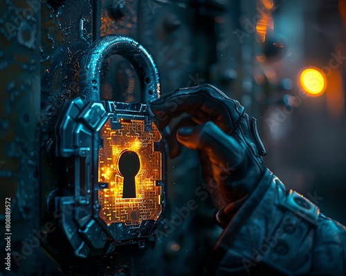 A digital padlock is being unlocked by a hand wearing a black glove photo