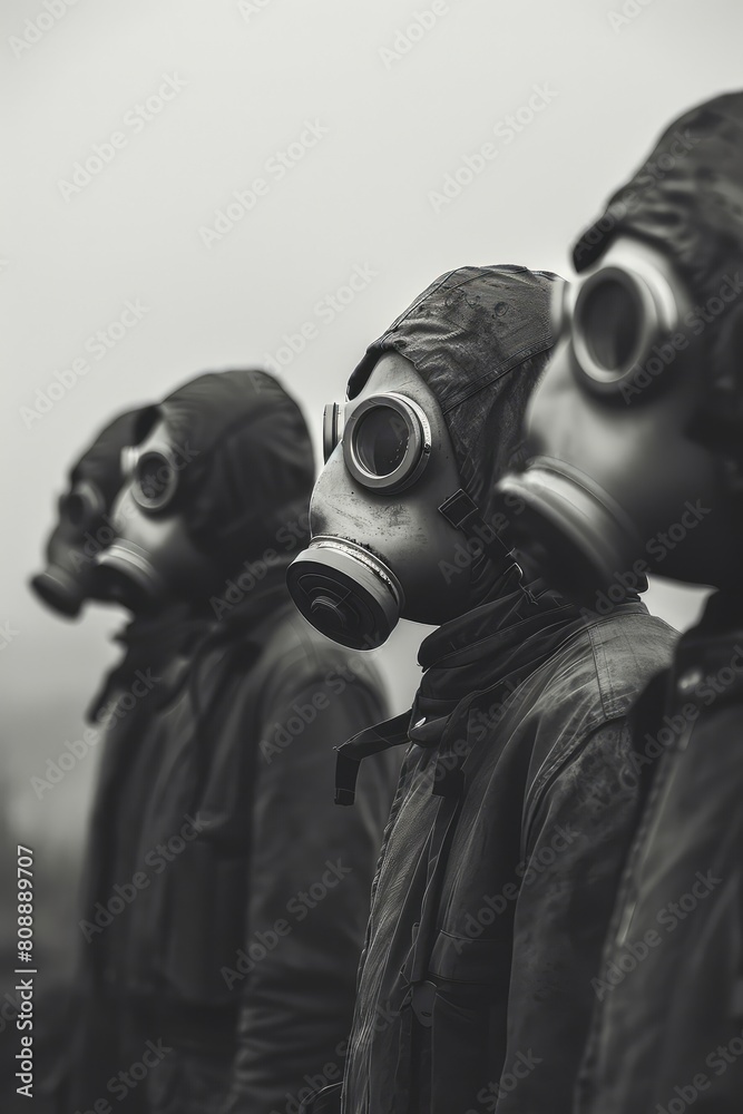 A group of people in gas masks. Selective focus. A group of people in gas masks. Selective focus.