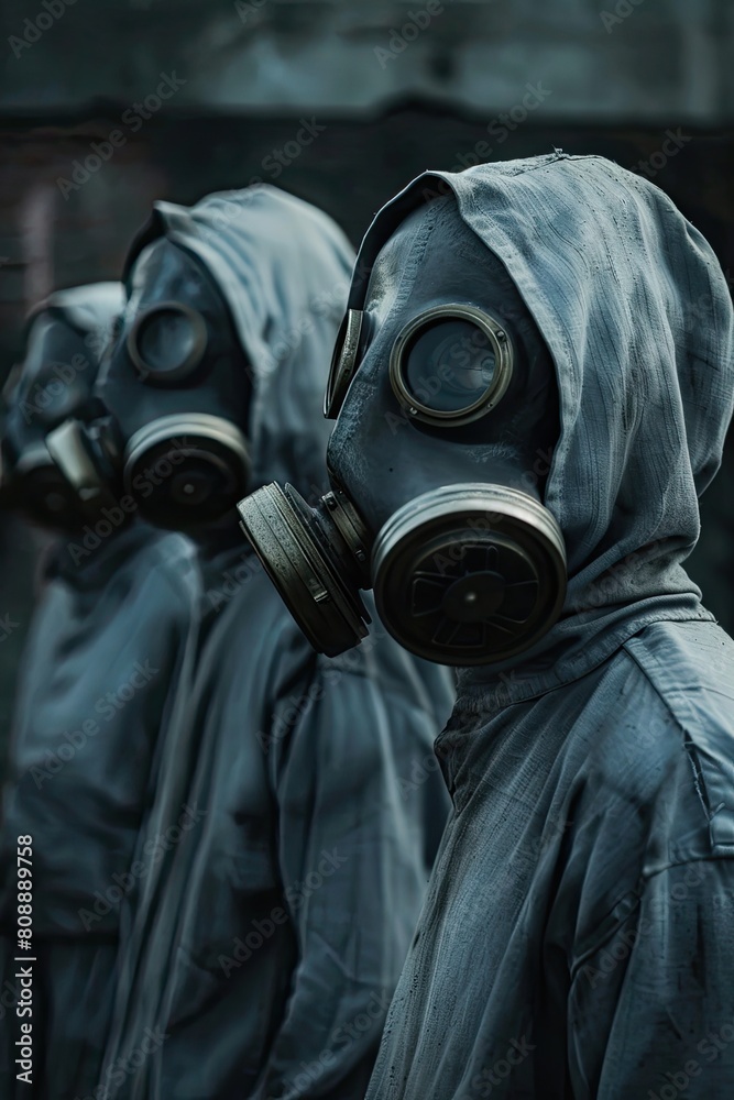 A group of people in gas masks. Selective focus. A group of people in gas masks. Selective focus.