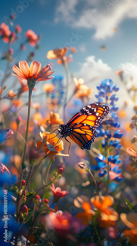 Captivating Macro Shot of a Butterfly Alighting on a Wildflower - Nature s Delicate Interaction in Stunning Detail