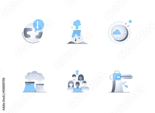 Problems and environmental disasters - flat design style icons set. High quality images of global warming, volcanic eruption, ozone depletion, air emissions, overpopulation and deforestation © Boyko.Pictures