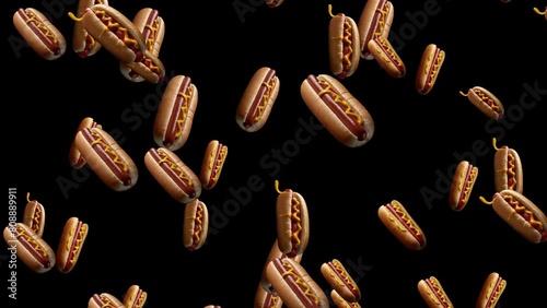 Hotdog Falling On Black Background. Unhealthy Diet Control Concept, Hotdog Super Slow Motion Falling With Chess Animation On Alpha Channel Background, Unhealthy And Junk Food Eating Concept. Unhealthy