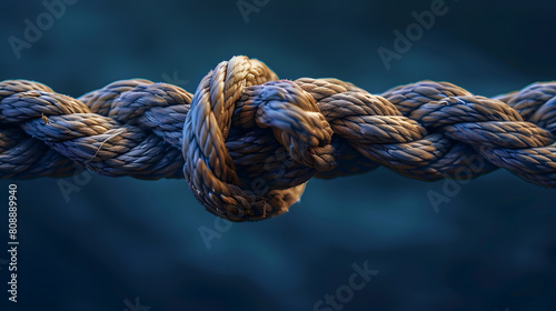 Closeup of an old rope with two loose ends tied together, symbolizing strength and connection, against dark blue background