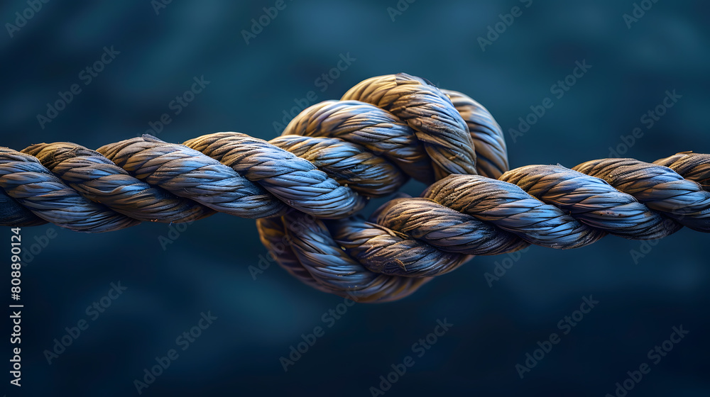 Closeup of an old rope with two loose ends tied together, symbolizing strength and connection, against dark blue background