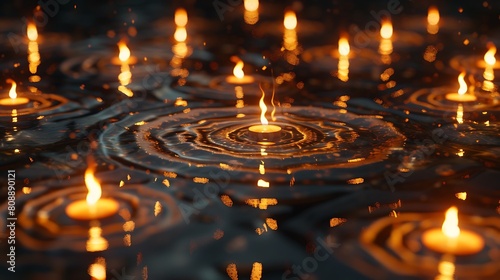 A mandala of floating candles on water, their light reflecting off the surface to create a serene, glowing pattern