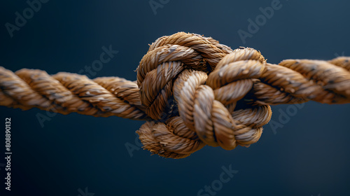 Closeup of an old rope with two loose ends tied together, symbolizing strength and connection, against dark blue background