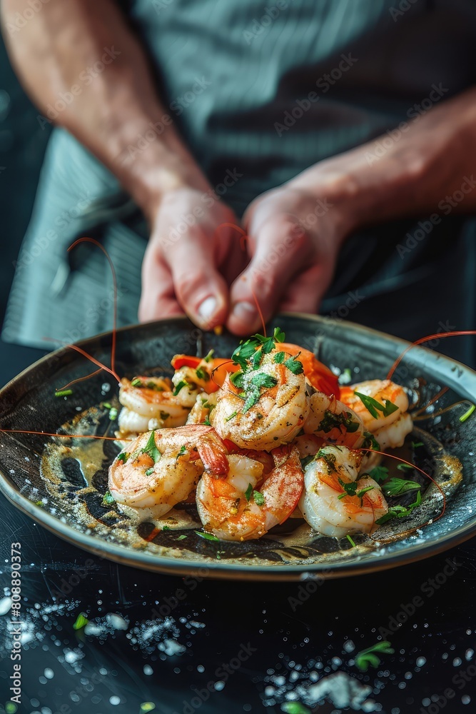 The chef makes a presentation of the dish to be served. Selective focus.