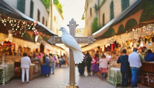 The Cross with White Dove in the Middle of The Market.  photo