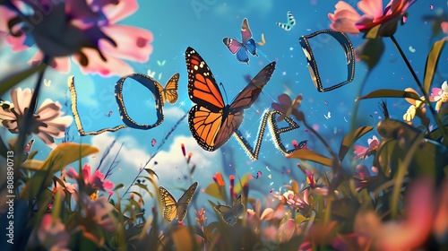 Butterfly and Flower Sky  Romantic  LOVE  Text  Delicate Wings  Vibrant Art