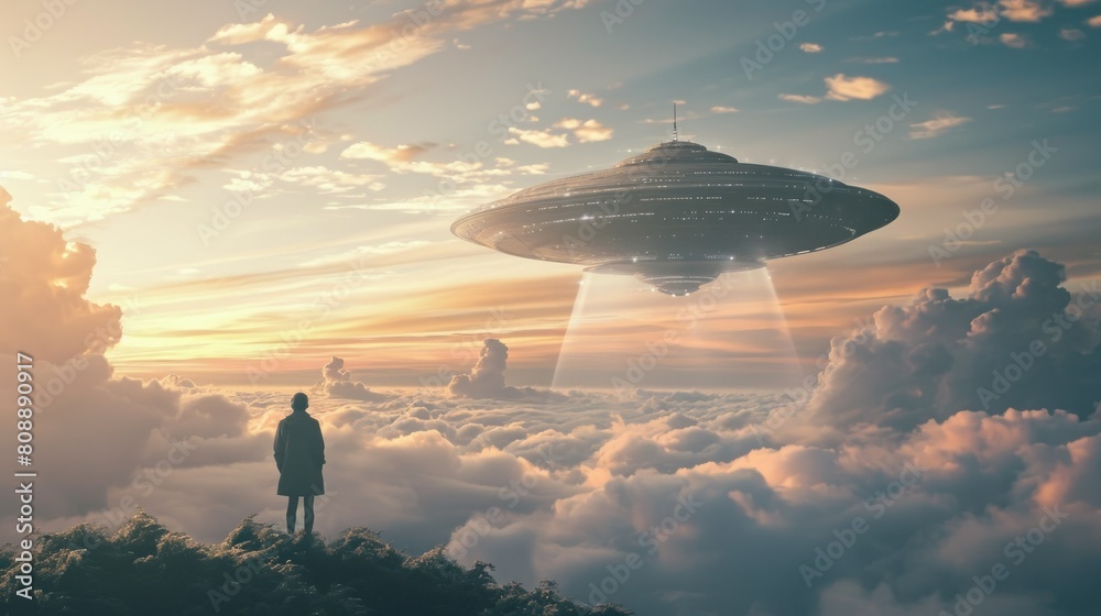 UFO, an alien saucer hovering above the mountains in the clouds, hovering motionless in the sky. Unidentified flying object, alien invasion, extraterrestrial life, space travel, spaceship UFO, an alien saucer hovering above the mountains in the clouds, hovering motionless in the sky. Unidentified flying object, alien invasion, extraterrestrial life, space travel, spaceship