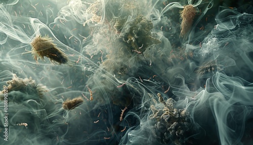 A microscopic ballet of dust mites and bacteria cavorting amidst a swirling vortex of smoke particles photo
