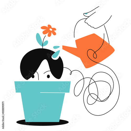 Work with a psychologist - colorful flat design style illustration with linear elements. Orange and blue picture with man in flower pot being watered from watering can. Psychological help metaphor