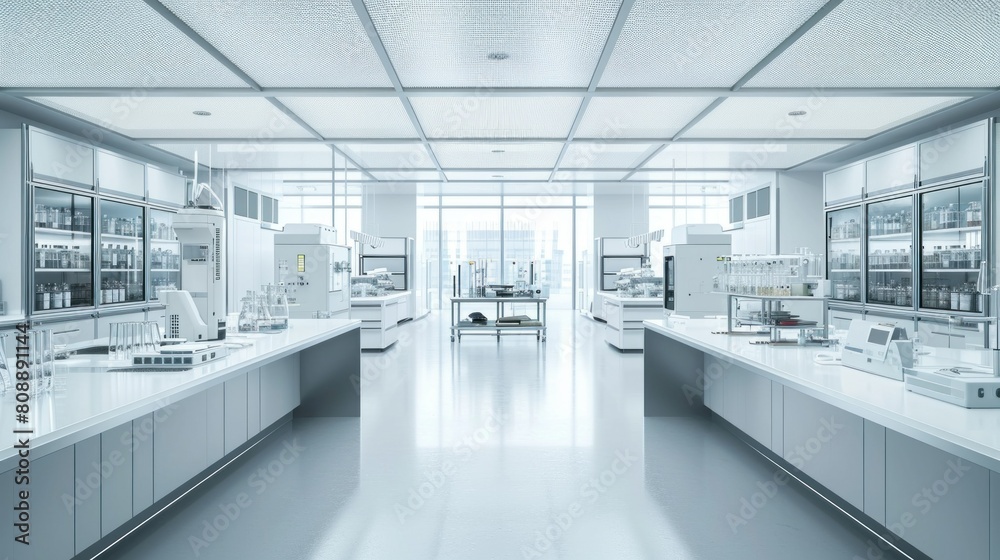 Modern Empty Biological Applied Science Laboratory with Technological Microscopes, Glass Test Tubes, Micropipettes Modern Empty Biological Applied Science Laboratory with Technological Microscopes, Glass Test Tubes, Micropipettes