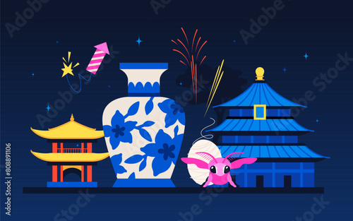 National cultural values of China - modern colored vector illustration with Tiantan Temple of Heaven, Shinto shrine, Buddhism, silkworm, porcelain vase with blue flowers, fireworks and crackers