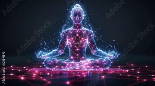 A woman is sitting cross legged on a pink mat. She is surrounded by a lot of lights and is in a meditative state
