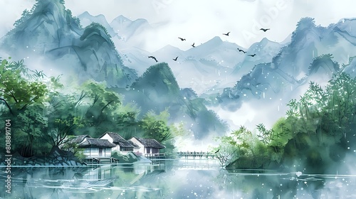 Spring Landscape Illustration: Mountains, River, Swallows in Traditional Chinese Style photo