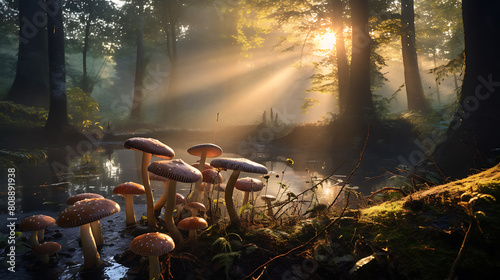A serene sunrise in a dense forest with dew-covered agaricus mushrooms in the foreground. photo