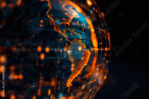Digital world globe centered on America, concept of global network and connectivity on Earth, data transfer and cyber technology, information exchange and international telecommunication