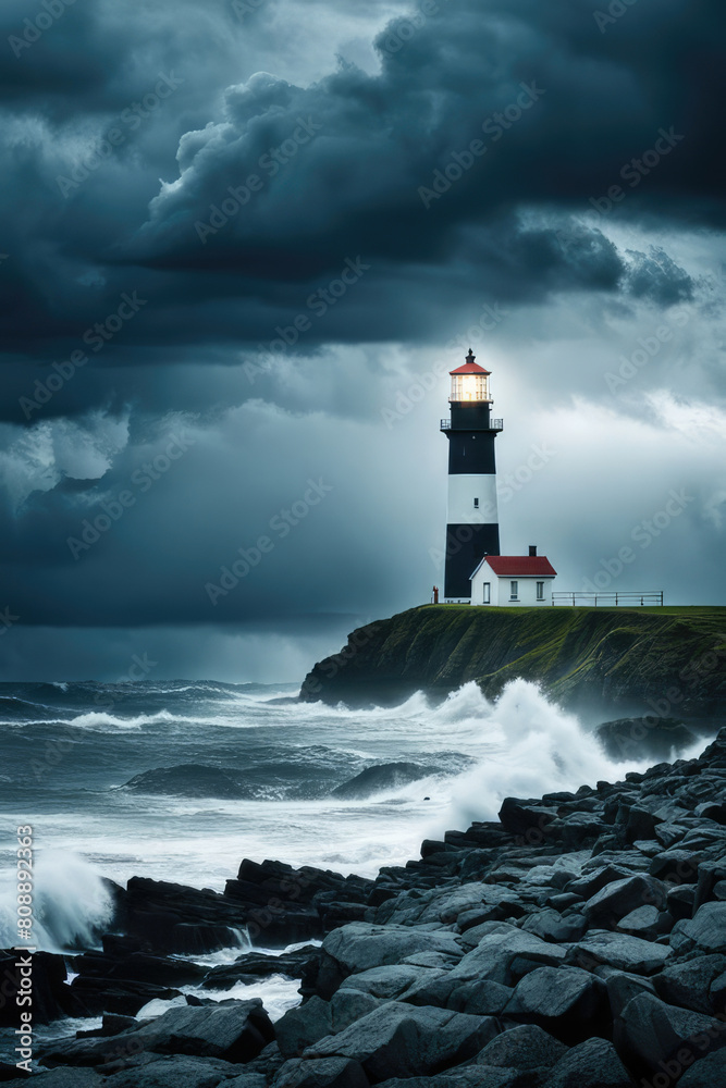 Lighthouse In Stormy Landscape  Leader And Vision Concept