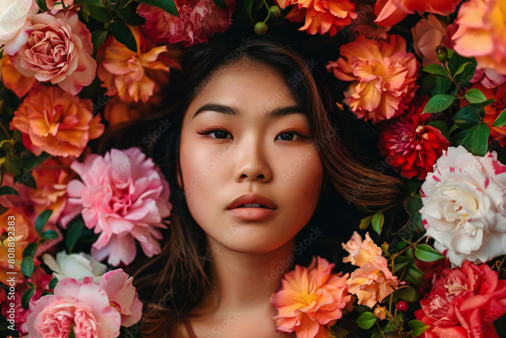 Young Asian Woman in Vibrant Floral Bush Stand Against Transparent Background Young Asian Woman in Vibrant Floral Bush Stand Against Transparent Background