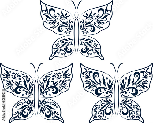 Set Butterflies Black Contours with a Floral Pattern on White Background. Vector