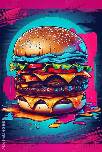 T-shirt vector   BURGER  graphic  synthwave  vivid colors  detailed  high quality 8k. --s 500. --chaos 10. --ar 2 3