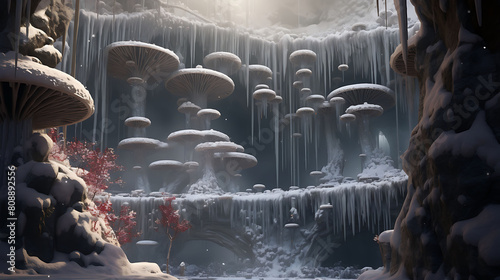 A serene winter scene with agaricus mushrooms peeping through a blanket of snow, with a frozen waterfall in the background. photo