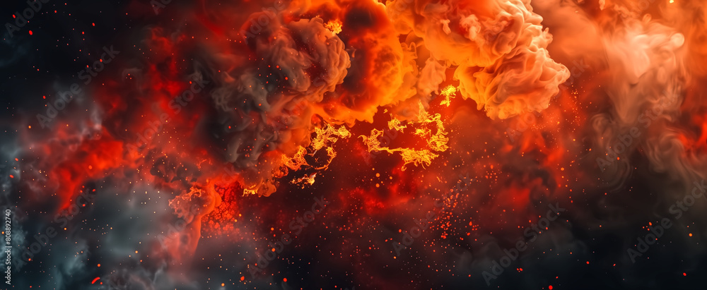 Lava explosions and fire background. Orange, red, and black smok