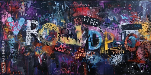punk rebellious graffiti in dark tone color, grungy wall aerosol painting with color splash stain messy, background, Generative Ai