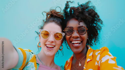 Portrait of lovely lesbian couple having fun and taking a selfie against light blue background. LGBT concept. Stock Photo photography photo
