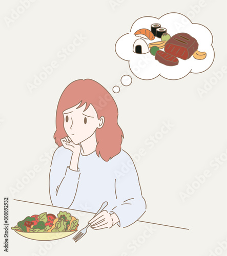 Young woman holding fork, thinking of healthy food groups. Hungry girl with eating vegetable salad and craving to protein and carbohydrate foods. Hand drawn flat cartoon character vector illustration.