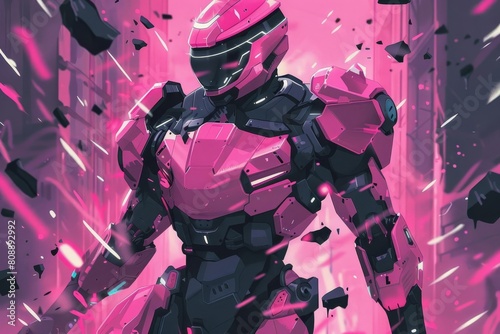 vibrant pink anime mech ranger in heroic pose digital art illustration photo