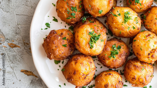 Savory algerian maakouda: golden fried potato cakes with parsley garnish, served on white plate in traditional north african style