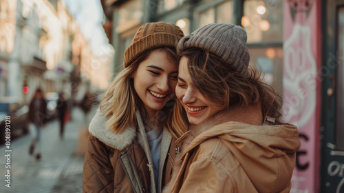 Portrait of lovely lesbian couple spending time together and having fun at the street. LGBT concept. Stock Photo photography