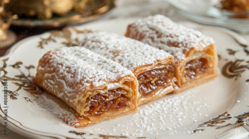 Authentic algerian m’hanncha pastry dusted with powdered sugar, served on a decorative plate, capturing the essence of algerian cuisine