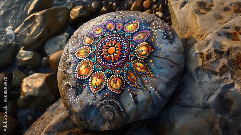 A mandala painted on a rock, blending the natural texture of the stone with vibrant, detailed artwork
