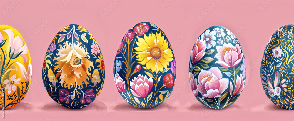 Fototapeta premium Easter Eggs banner with beautifully detailed floral patterns. Ye