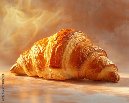 Appetizing, hot baked croissant, French concept, sharp focus, golden flaky layers, soft backlight